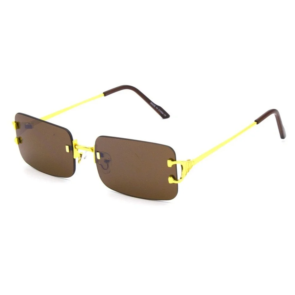 Men Sunglasses Dark Brown Lens Gold Accents Rectangle Frame Men's Fashion Trendy